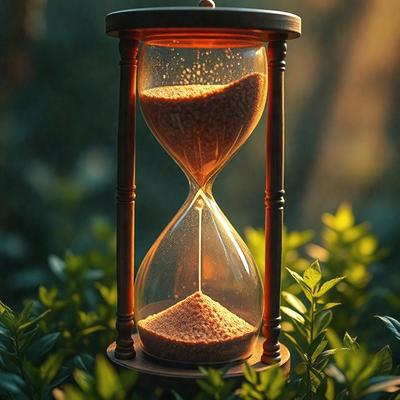 The primary subject of the image is a large wooden hourglass, which is placed in a lush green forest. The setting is a serene and natural environment, with the hourglass sitting on a wooden base. The visual style of the image is a photo, capturing the beauty of the forest and the hourglass. The colors and mood of the image are predominantly green, with the lush greenery of the forest creating a calming and peaceful atmosphere.